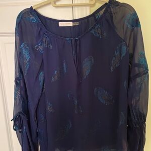 Ramy Brook navy long sleeve silk blouse featuring metallic feathering on fabric